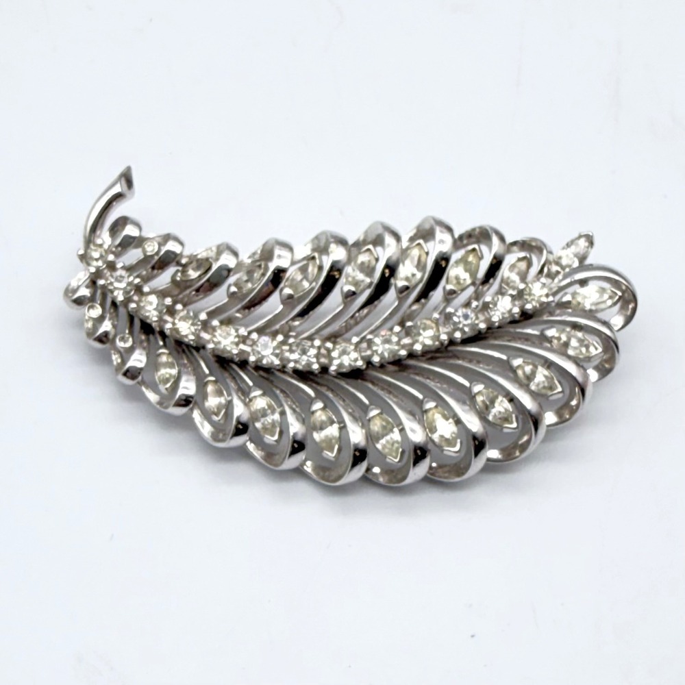 Pennino Feather Brooch Silver Tone Marquise Rhinestone Vintage Pin